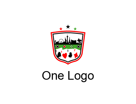 logo with aces in cards and outline of famous landmarks