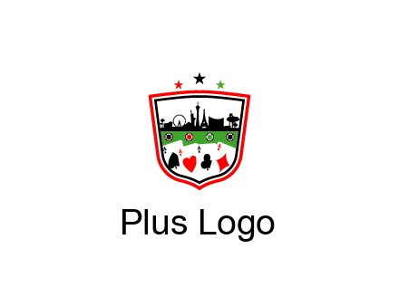 logo with aces in cards and outline of famous landmarks
