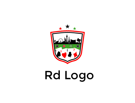 logo with aces in cards and outline of famous landmarks