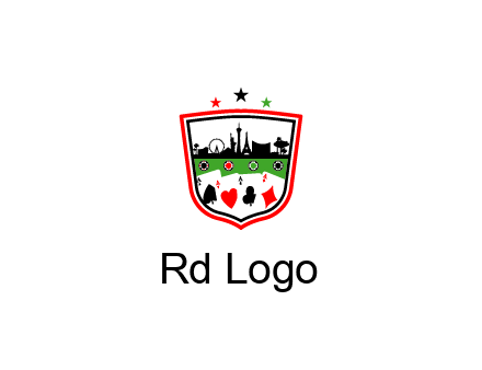 logo with aces in cards and outline of famous landmarks