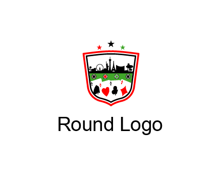 logo with aces in cards and outline of famous landmarks