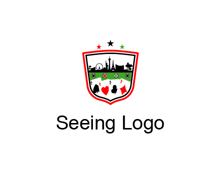 logo with aces in cards and outline of famous landmarks