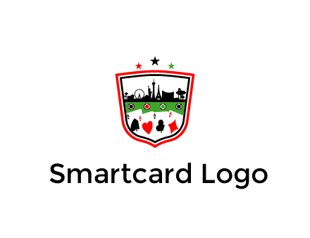 logo with aces in cards and outline of famous landmarks