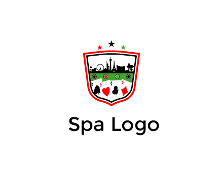 logo with aces in cards and outline of famous landmarks