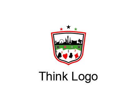 logo with aces in cards and outline of famous landmarks