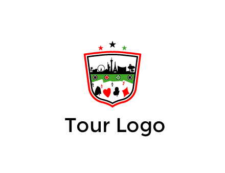 logo with aces in cards and outline of famous landmarks