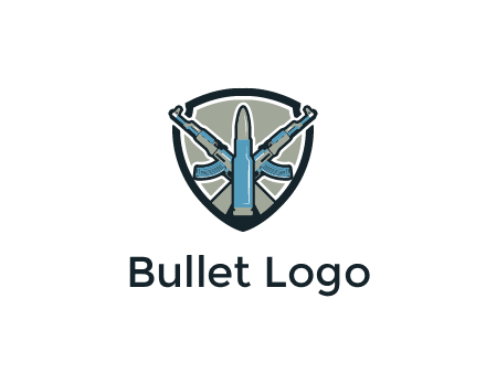badge shape logo with a bullet and two AK-47 rifles crossed