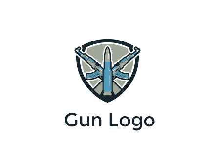 badge shape logo with a bullet and two AK-47 rifles crossed