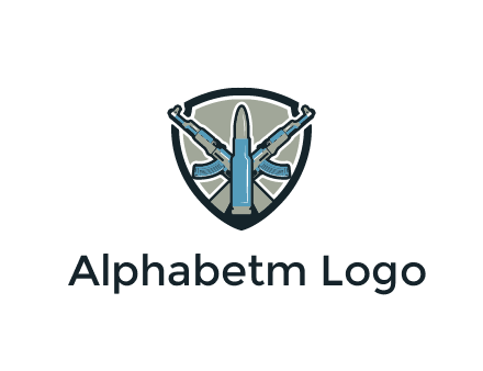 badge shape logo with a bullet and two AK-47 rifles crossed