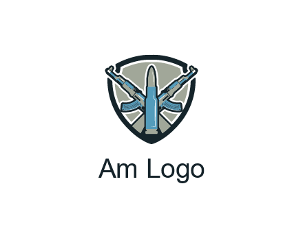 badge shape logo with a bullet and two AK-47 rifles crossed