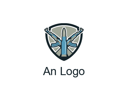 badge shape logo with a bullet and two AK-47 rifles crossed
