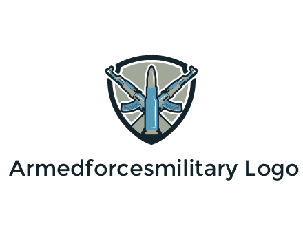badge shape logo with a bullet and two AK-47 rifles crossed
