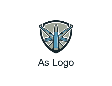 badge shape logo with a bullet and two AK-47 rifles crossed