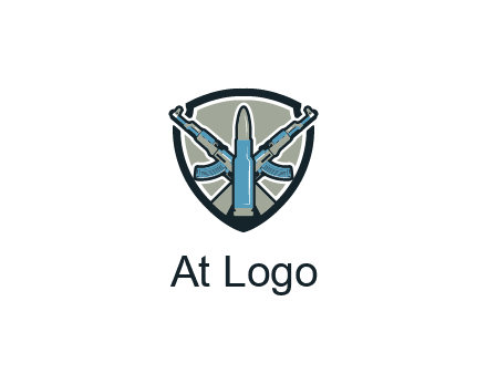 badge shape logo with a bullet and two AK-47 rifles crossed