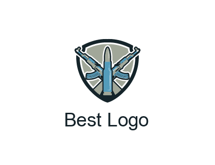badge shape logo with a bullet and two AK-47 rifles crossed