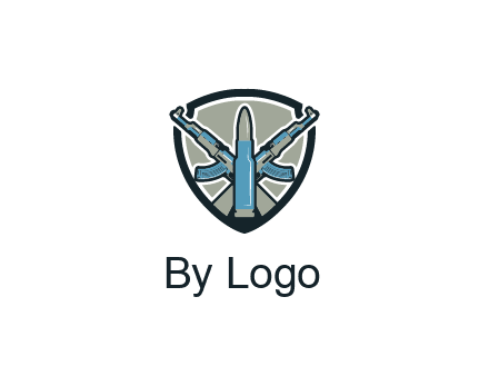 badge shape logo with a bullet and two AK-47 rifles crossed