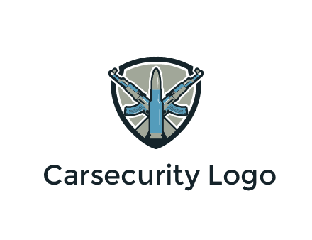 badge shape logo with a bullet and two AK-47 rifles crossed