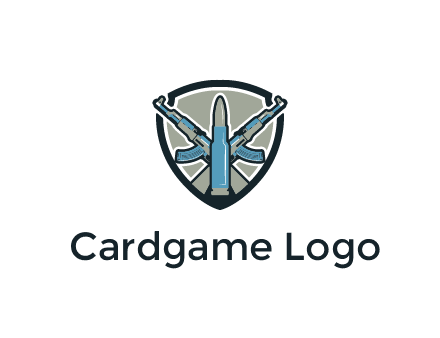 badge shape logo with a bullet and two AK-47 rifles crossed