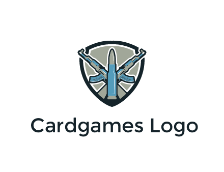 badge shape logo with a bullet and two AK-47 rifles crossed