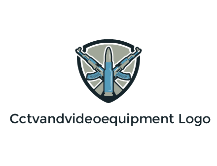 badge shape logo with a bullet and two AK-47 rifles crossed