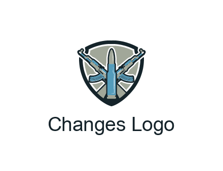 badge shape logo with a bullet and two AK-47 rifles crossed