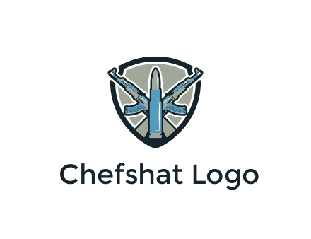 badge shape logo with a bullet and two AK-47 rifles crossed