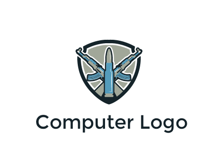 badge shape logo with a bullet and two AK-47 rifles crossed
