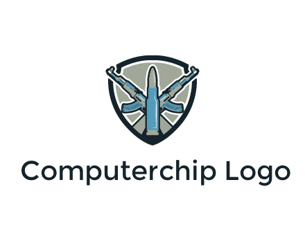 badge shape logo with a bullet and two AK-47 rifles crossed