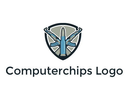 badge shape logo with a bullet and two AK-47 rifles crossed