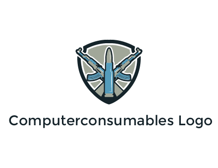 badge shape logo with a bullet and two AK-47 rifles crossed