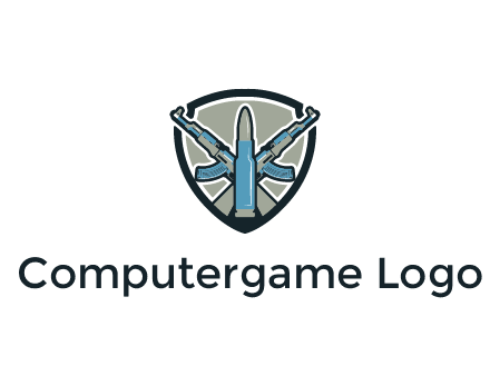 badge shape logo with a bullet and two AK-47 rifles crossed