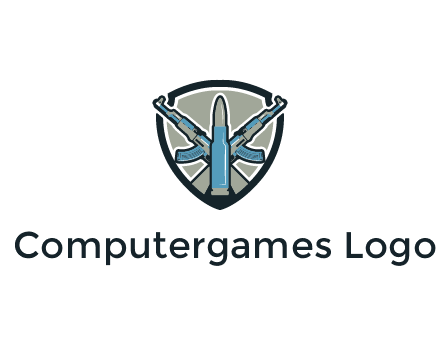 badge shape logo with a bullet and two AK-47 rifles crossed