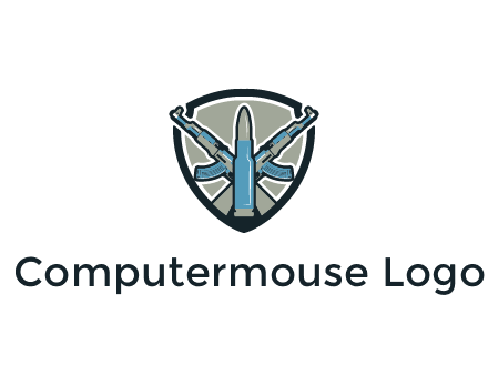 badge shape logo with a bullet and two AK-47 rifles crossed