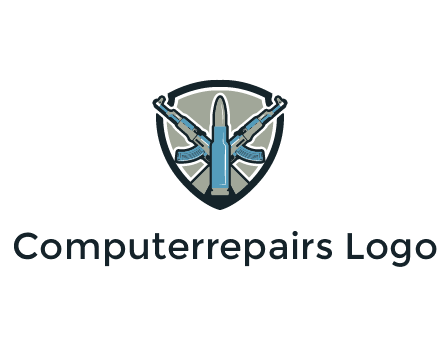 badge shape logo with a bullet and two AK-47 rifles crossed
