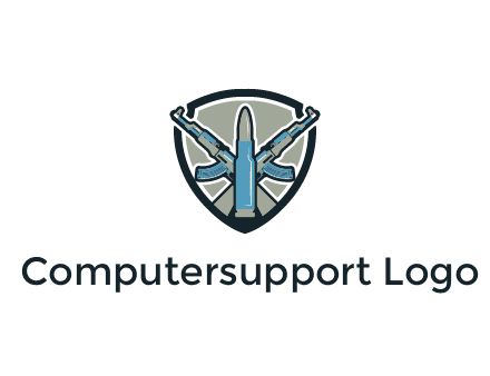 badge shape logo with a bullet and two AK-47 rifles crossed