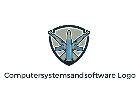 badge shape logo with a bullet and two AK-47 rifles crossed