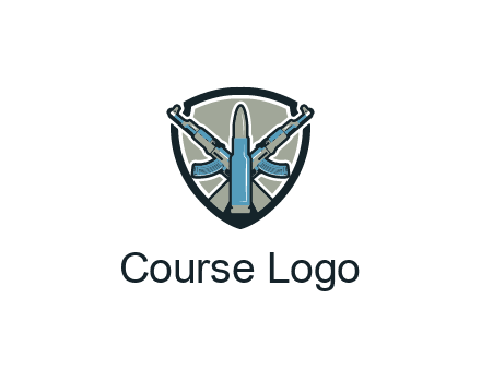 badge shape logo with a bullet and two AK-47 rifles crossed