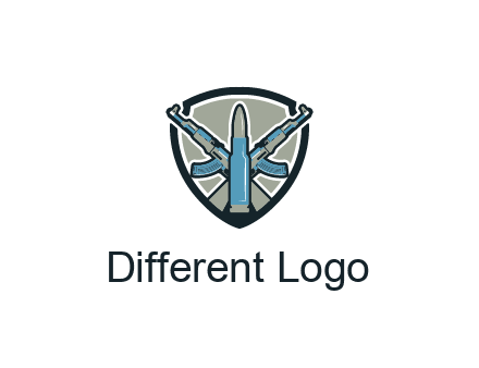 badge shape logo with a bullet and two AK-47 rifles crossed