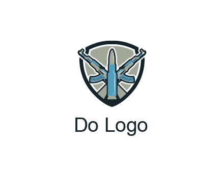 badge shape logo with a bullet and two AK-47 rifles crossed