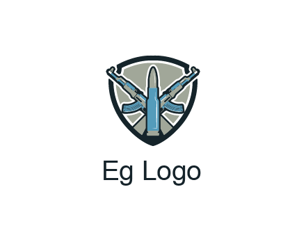 badge shape logo with a bullet and two AK-47 rifles crossed
