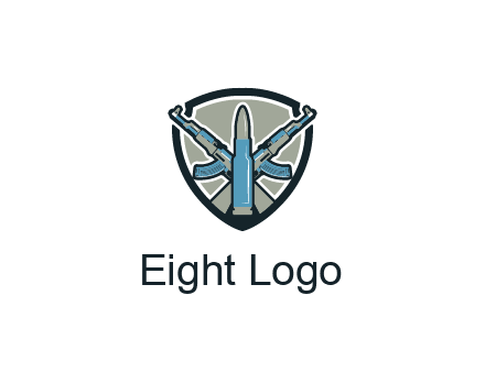 badge shape logo with a bullet and two AK-47 rifles crossed