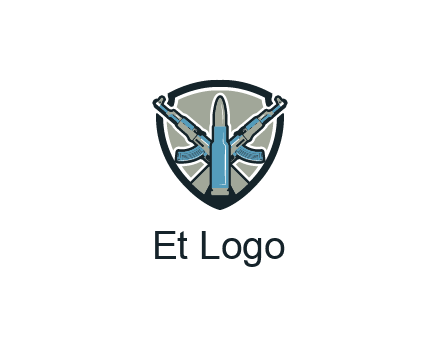badge shape logo with a bullet and two AK-47 rifles crossed