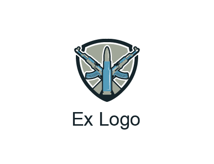 badge shape logo with a bullet and two AK-47 rifles crossed