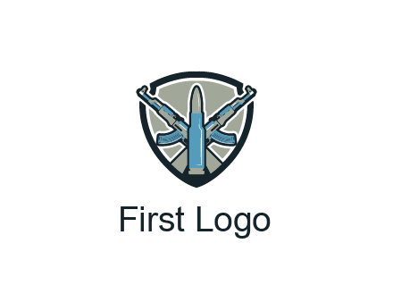 badge shape logo with a bullet and two AK-47 rifles crossed