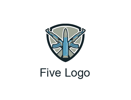 badge shape logo with a bullet and two AK-47 rifles crossed