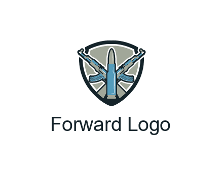 badge shape logo with a bullet and two AK-47 rifles crossed