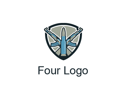 badge shape logo with a bullet and two AK-47 rifles crossed