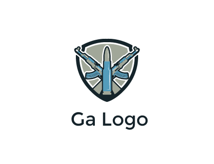 badge shape logo with a bullet and two AK-47 rifles crossed