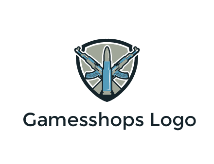 badge shape logo with a bullet and two AK-47 rifles crossed