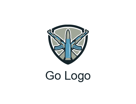 badge shape logo with a bullet and two AK-47 rifles crossed